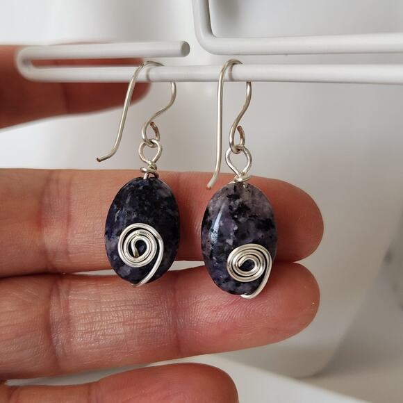 Natural Sodalite Stone Silver Wire-wrapped Dangle Earrings - Picture 10 of 12